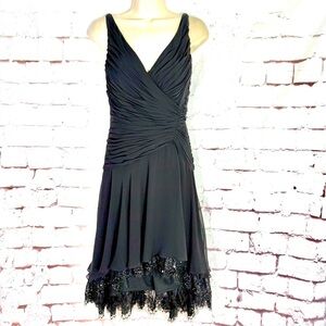 TADASHI S Petite Black Chiffon Pin Tucked Hi Lo Lace Layer Cocktail Party Dress